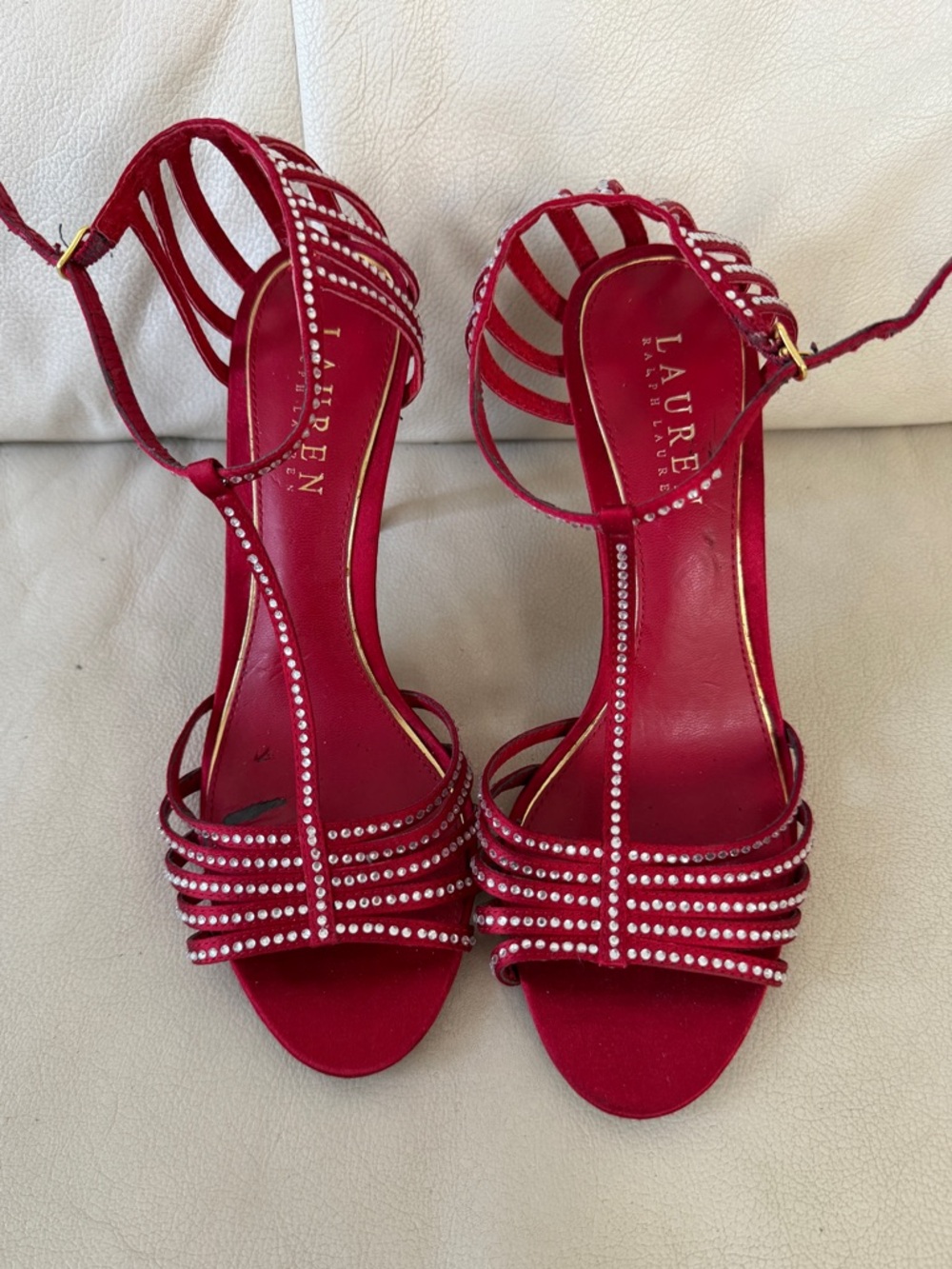 LAUREN Ralph Lauren Red Crystal-Trim Strappy satin, Heels, dance shoes, size 7